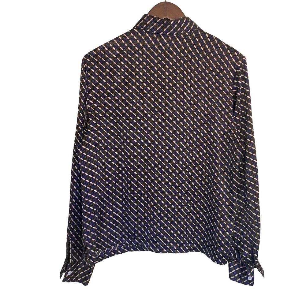 Halston Lifestyle Womens 14 Purple Brown Geometric 100% Silk Button Front Blouse - Picture 2 of 8